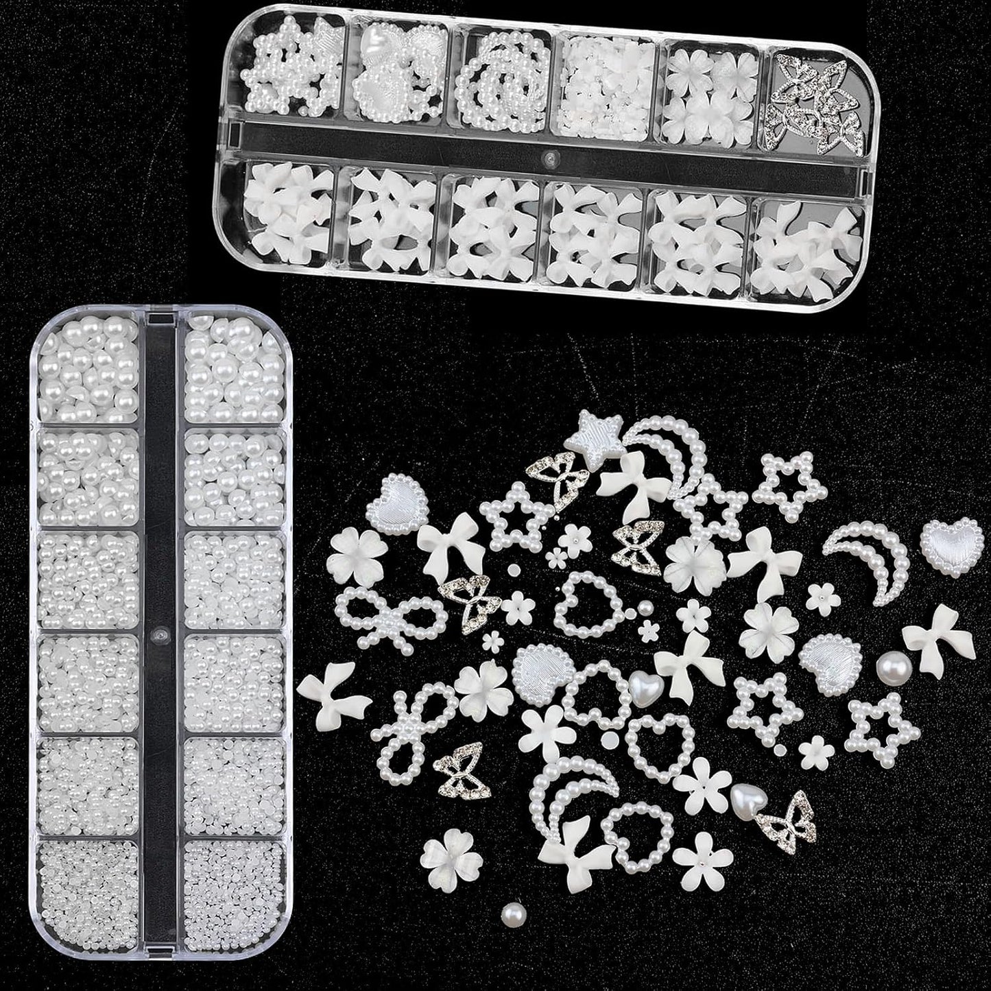 Nail Art Pearls with Glue Gel Flatback Pearls White Bow Nail Charms Heart Butterfly Nails Gems Pearls Accessories for Women Nails Design Decoration