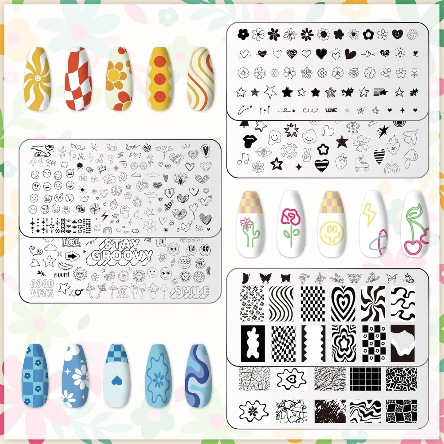 Whaline 6Pcs Preppy Nail Plates Stamping Set Heart Flower Butterfly Star Smiling Stamp Templates Groovy Nail Art Plates for DIY Print Manicure Salon Design Gift