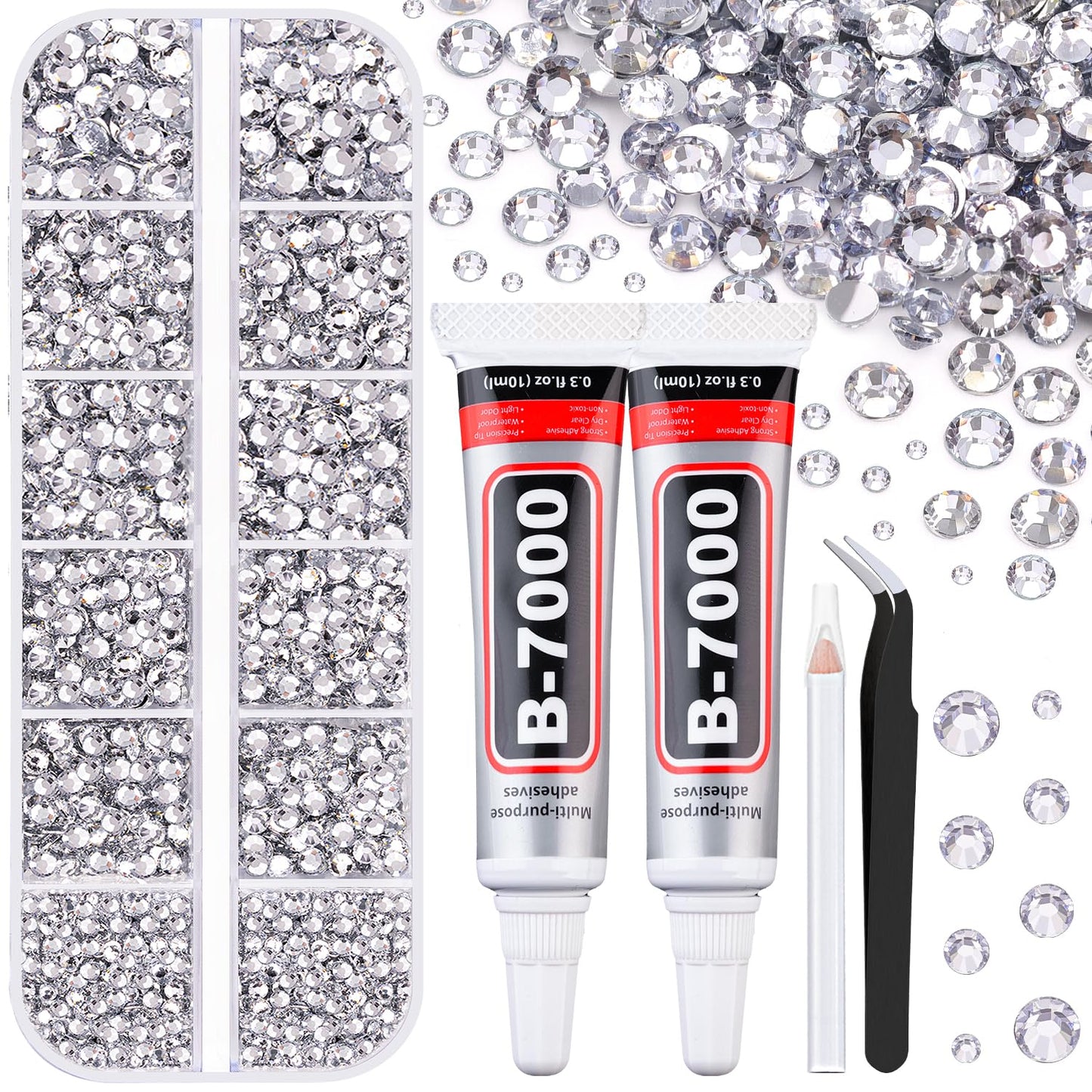 6100Pcs Resin Rhinestones for Crafting with 2Pcs 10ml B7000 Jewelry Glue, 1 Box Flatback Crystals Diamond (Clear) for Bedazzling Crafts DIY Nail Art Non Hotfix Gems for Clothing Shoes Tumblers