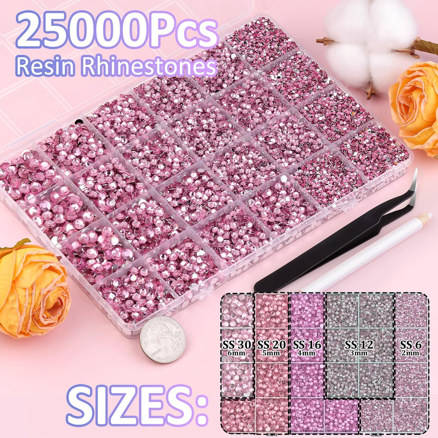 25000Pcs Resin Rhinestones with Tweezers for Crafting, Dark Pink 2-6mm Mixed Sizes Non Hotfix Flatback Gems, Bedazzling Crystal for DIY Craft Clothing Mugs Tumblers Shoes Fabric Decor Nail Art