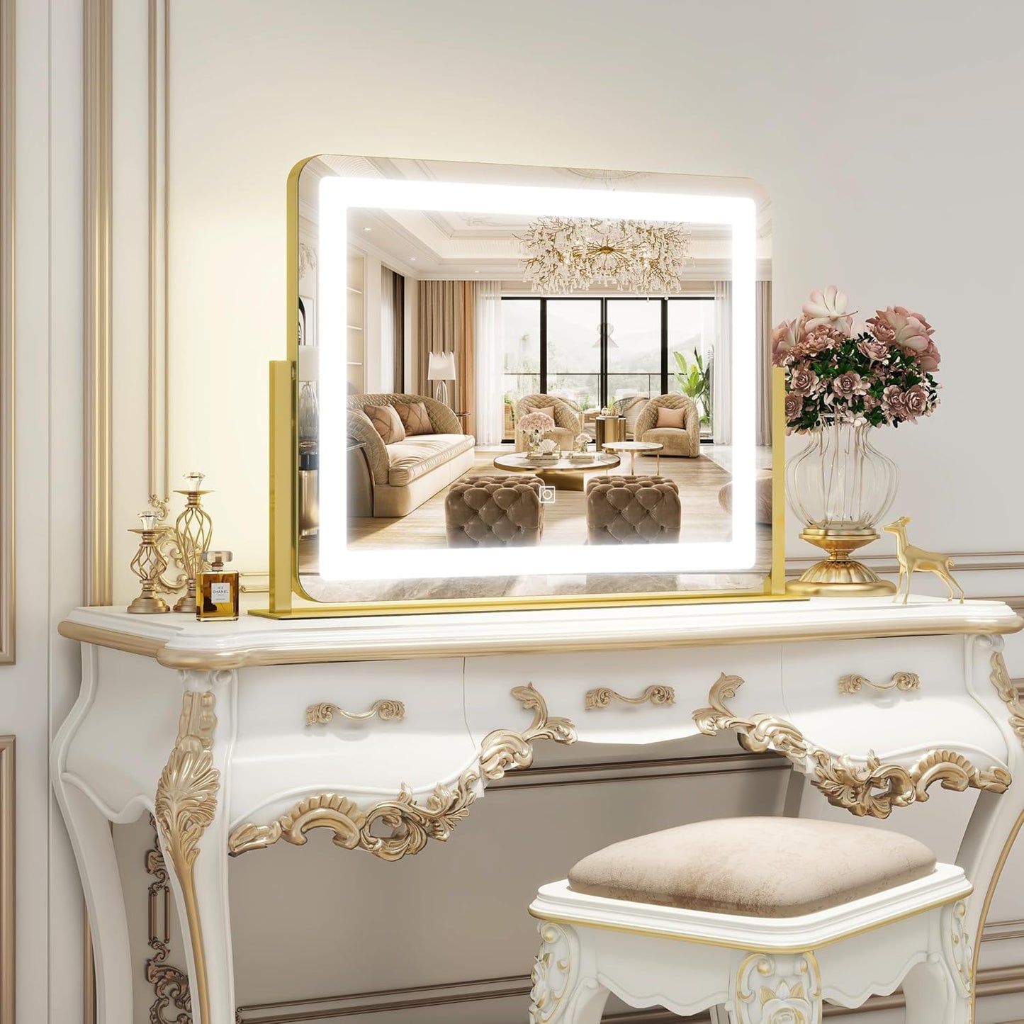 Gold Vanity Mirror with Lights - Smart Touch Dimming, 3-Color Lighting, 360° Rotatable Desktop Makeup Mirror for Desk, 22"x17"