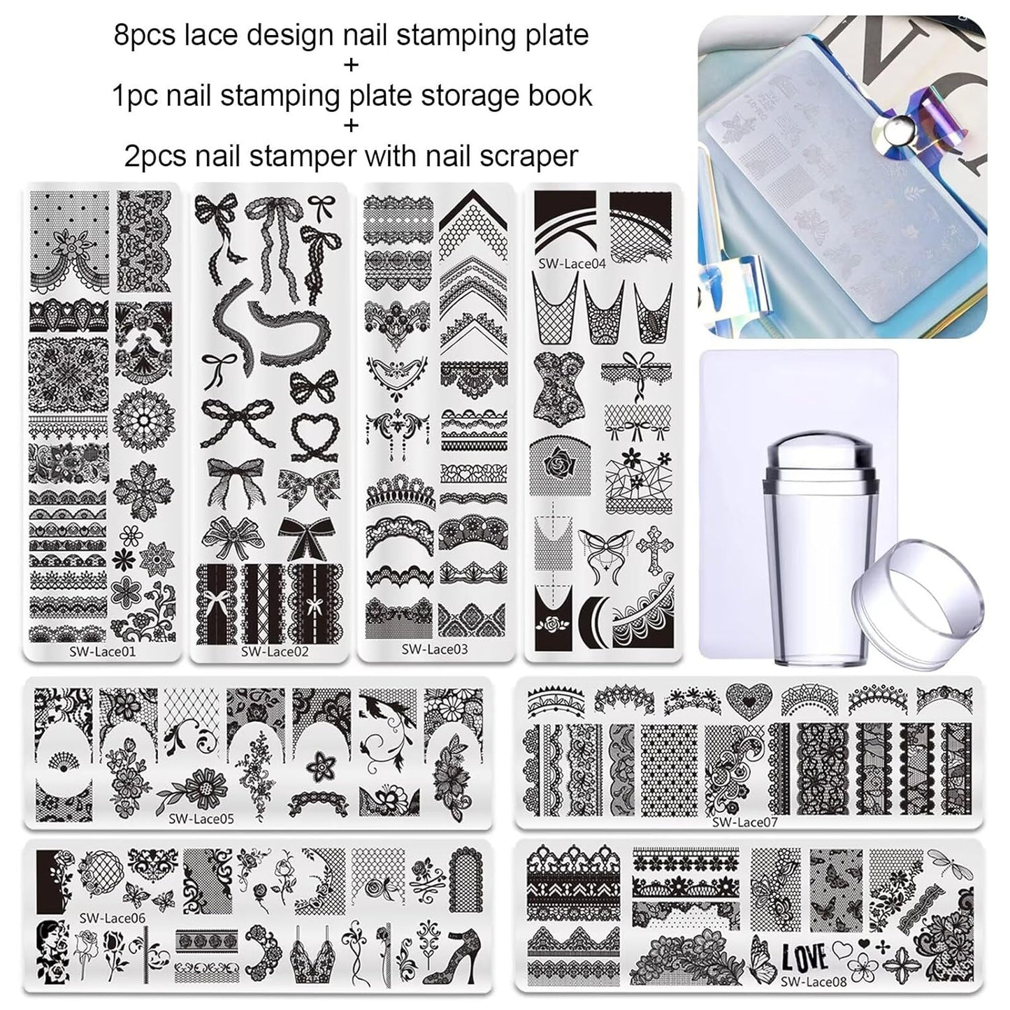 Lace Nail Stamping Plate Set - French Tip Stamp Silicone Nail Stamper Kit Bow Lace Design with Nail Stamp Plates Laser Storage Bag Nail Art Stencil Nail Supplies for Home DIY &Professional Salon