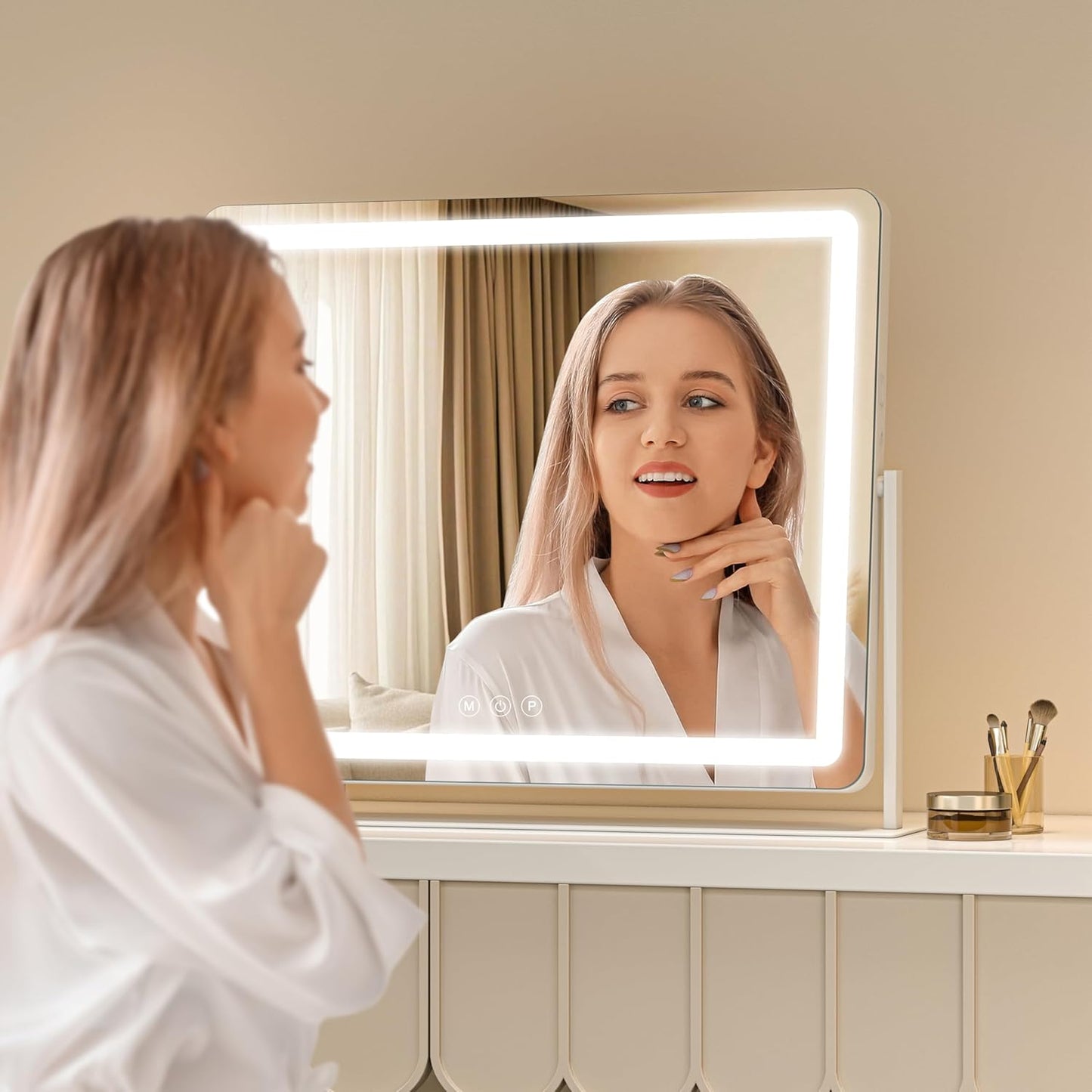 Vanity Mirror with Lights, 34'' x 25.6'' Lighted Makeup Mirror, Touch Screen with 3-Color Lighting, Dimmable for Vanity Desk Tabletop Round White