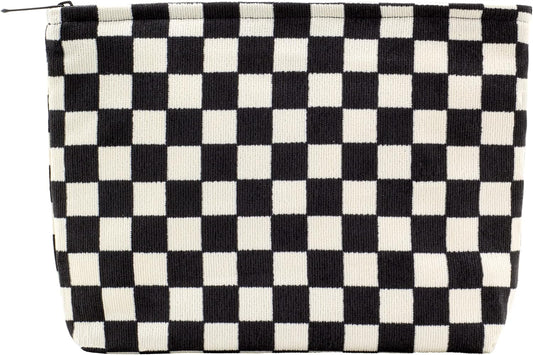 PAZIMIIK Makeup Bag Large Zipper Corduroy Make Up Pouch for Purse Travel Canvas Cosmetic Organizer for Women Brush Storage,Checkered Black