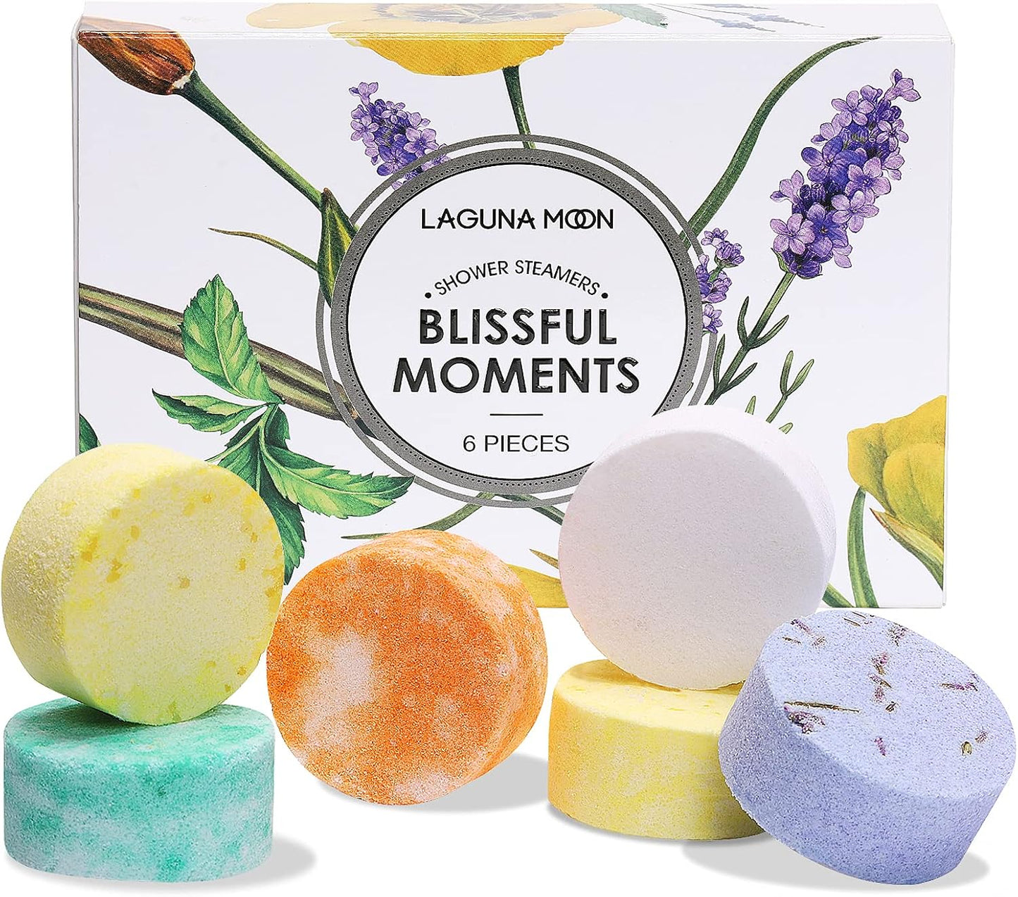 Lagunamoon Aromatherapy Shower Steamers, 6 Piece Variety Pack Handmade Shower Steamers with Pure Essential Oils to Relax, Moisturize for Spa Day, Self Care for Men, Women, Pampering Gifts for Her
