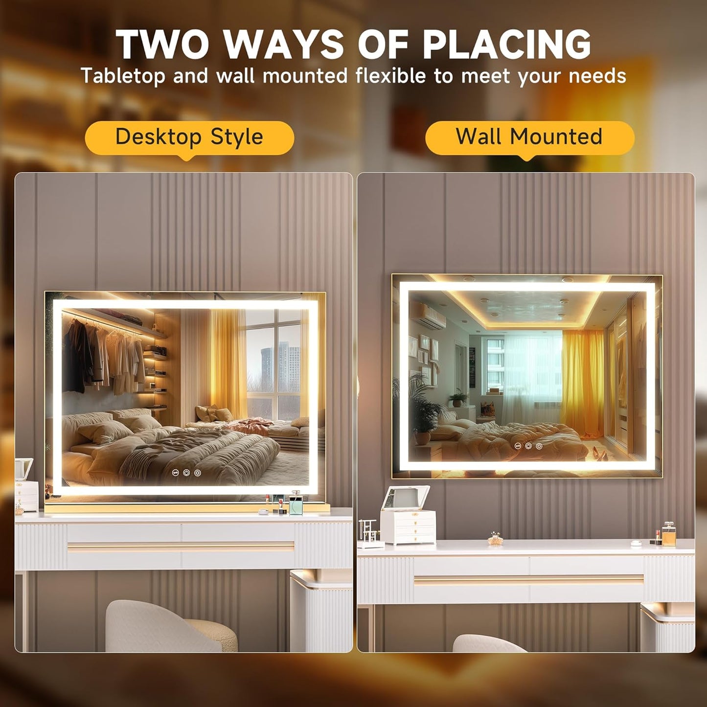 Hasipu Vanity Mirror with Lights, 32" x 20" LED Makeup Mirror, Lighted Makeup Mirror with Dimmable 3 Modes, Touch Screen Control Vanity Mirror Square Gold