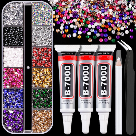 Resin Rhinestones for Crafting with B7000 Jewelry Glue, 1 Box Mix Colors 3mm Flatback Crystals with 3Pcs 10ml Glue for Bedazzling Crafts DIY Nail Art Makeup，Non Hotfix Gems for Clothing Shoes
