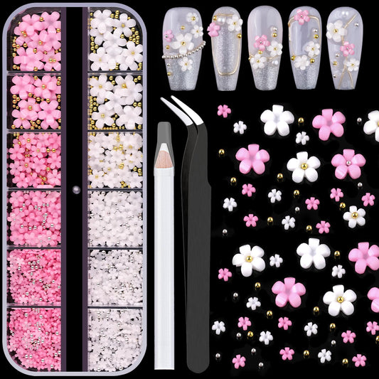 3D Nail Flowers Charms,White Pink Acrylic Flower with Caviar Beads,Rhinestones for Nails 3D Nail Charms for Acrylic Nails for Manicure Salon DIY Nail Art Decor with Pickup & Dotting Tools