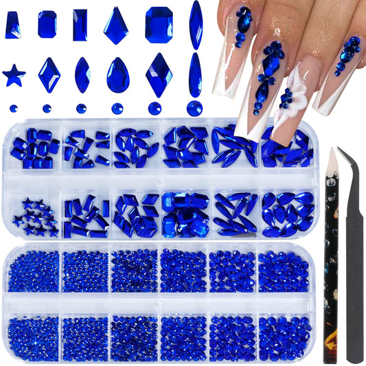 HNUIX Nail Rhinestones - 3D Multi Shape Size, Blue Nail Gems, Flat Back, with Kit, for Nail Art, DIY Decorations