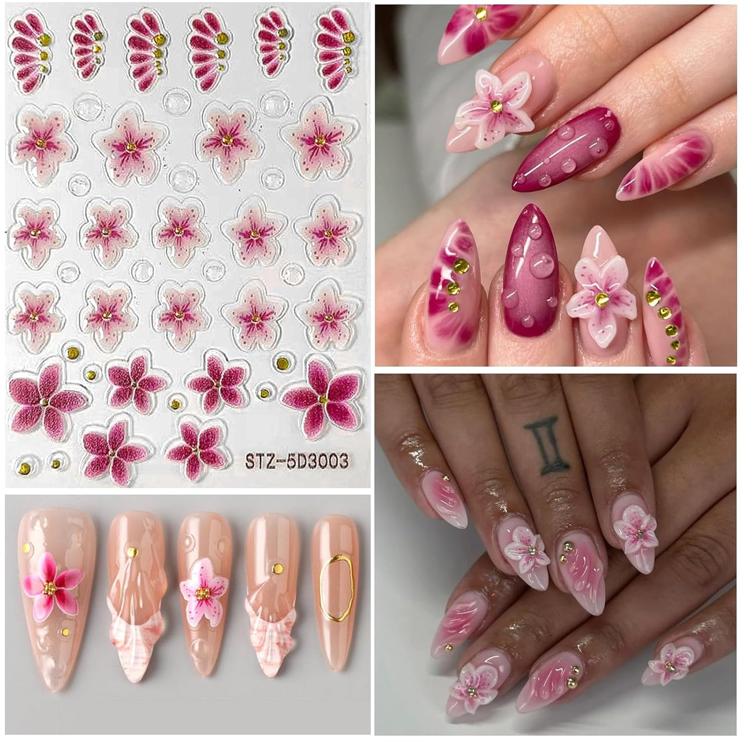 Flower Nail Art Stickers 5D Embossed Nail Decals Spring Summer Colorful Flower Nails Design Self-Adhesive 3D Accessories for Women Nails DIY Decoration(6 Sheets)