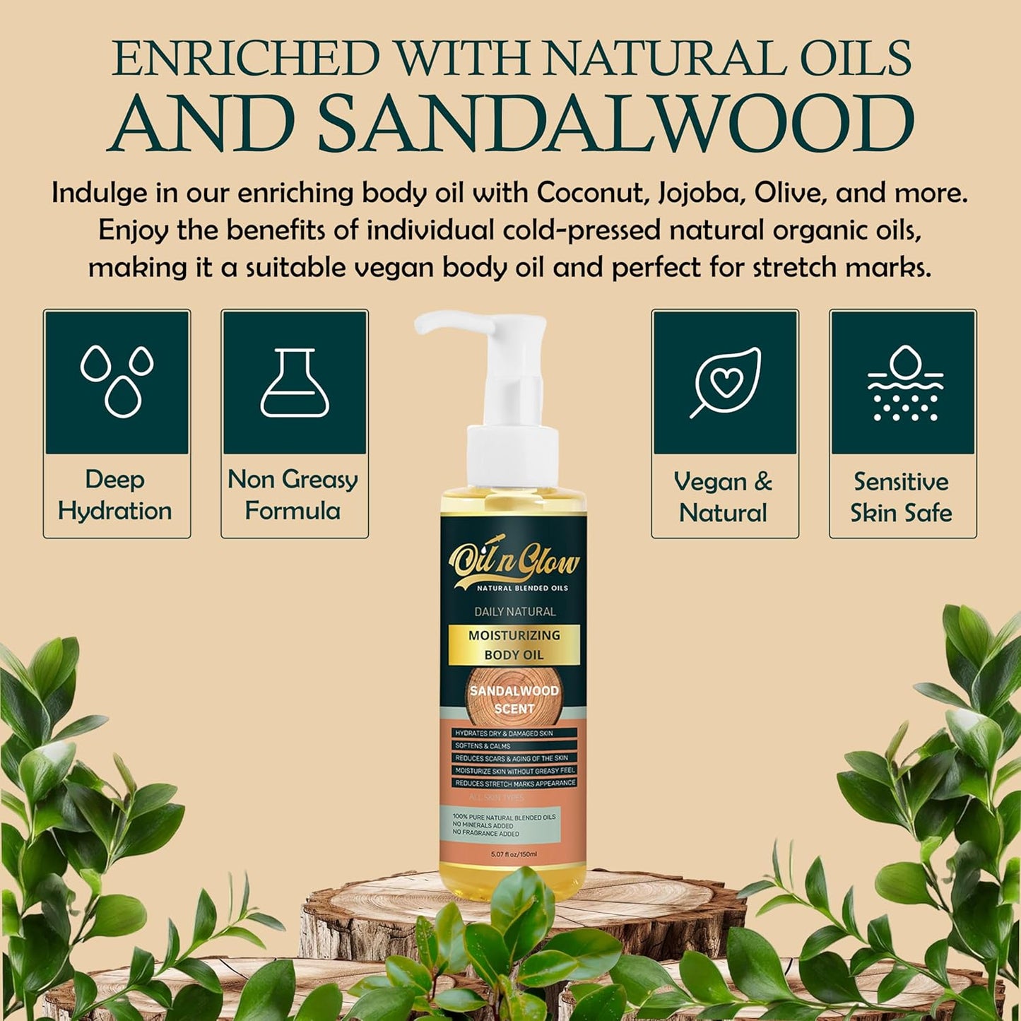 USDA Certified Organic Pure Natural Hydrating Body Oil After Shower With Coconut, Jojoba, Olive & Almond Non-Greasy Moisturizing Oil For Women & Men Dry Skin 5.07 fl oz/150ml-Sandalwood Scent