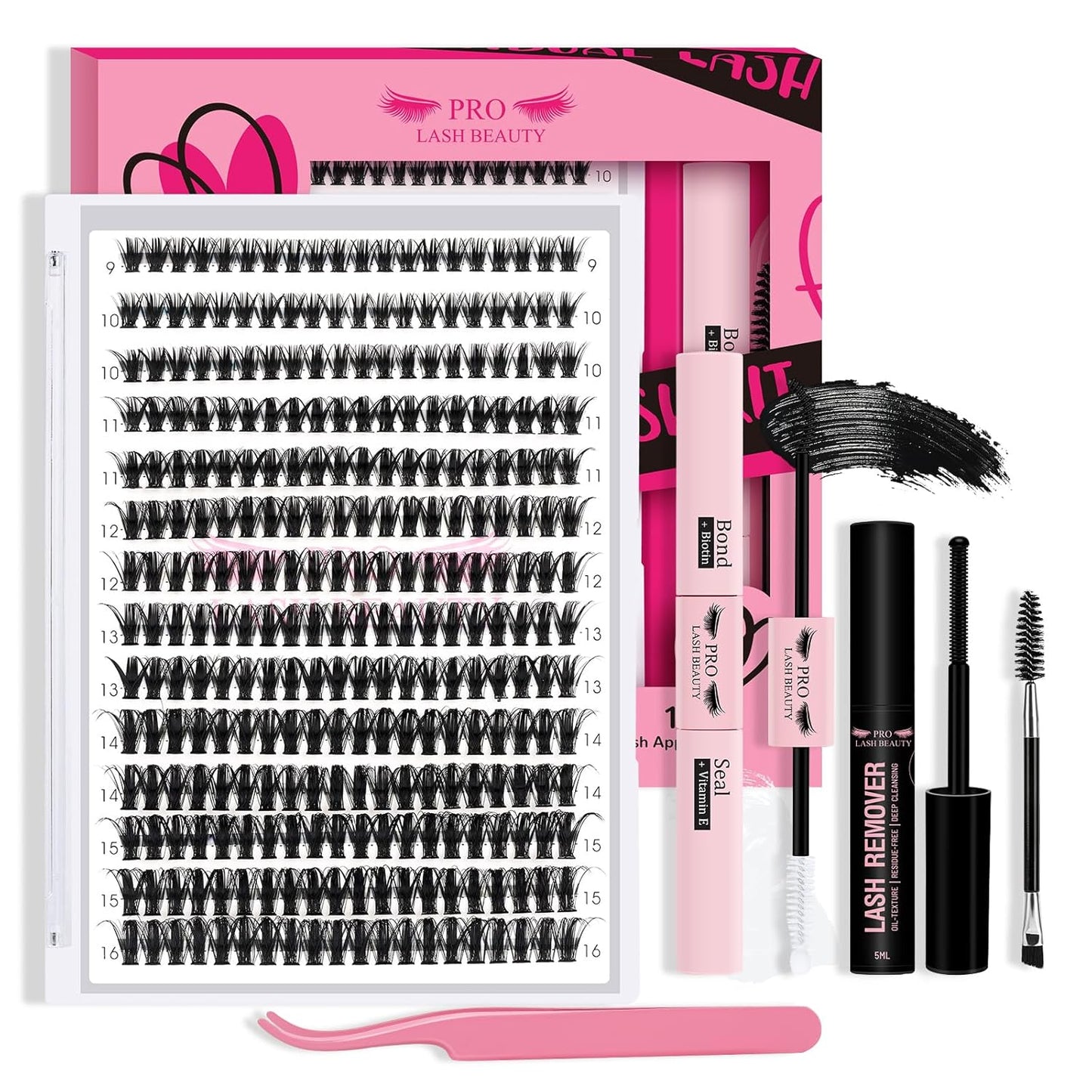 Lash Clusters Kit 280pcs Eyelash Clusters D Curl Eyelash Extension Kit Individual Lashes with Lash Bond and Seal Lash Remover Lash Applicator Easy to Apply at Home(50D-9-16mix Kit)