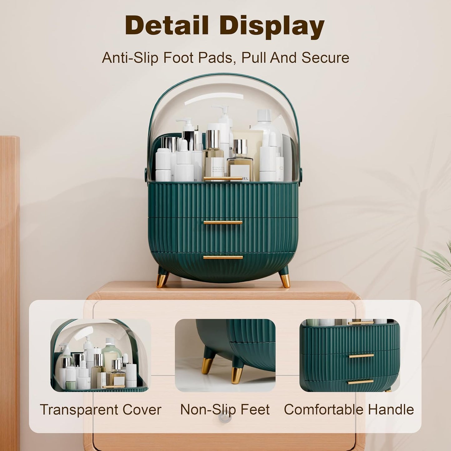 Makeup Organizers and Storage Make up Organizer for Vanity Cosmetics Skincare With Lid and Drawers Display Cases for Countertop Bathroom Women Teenager Girl Gifts(Dark Green+Brush Holder)