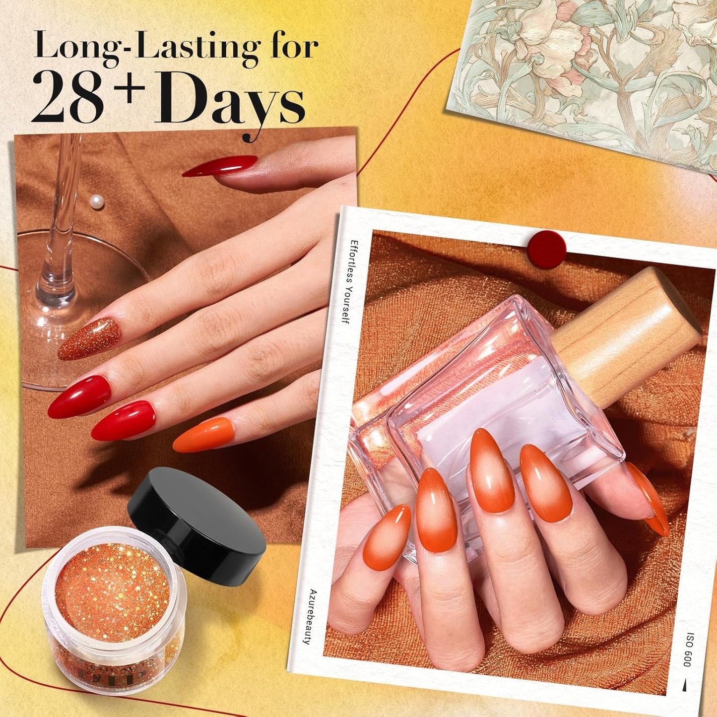 AZUREBEAUTY Dip Powder Nail Kit Starter, Orange Brown Glitter, 4 Fall Pumpkin Maple Dark Colors Set, French Halloween Nail Art Base Top Coat Activator Essential Liquid Manicure DIY Salon 12 PCS