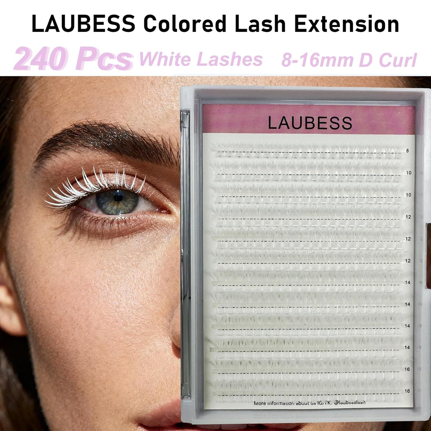 Colored Lash Clusters LAUBESS White Colored Eyelash Clusters Wispy Colored Lash Extensions Colorful Lash Clusters Individual Lashes (White 40D-0.07D-Mix8-16)