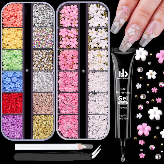 3D Flowers Nail Charms and Gems with Nail Rhinestone Glue Gel, Cute Colorful Acrylic 3D Flowers for Nails with Caviar Beads, Rhinestones for Nails and Gem Glue with Pickup & Dotting Tools
