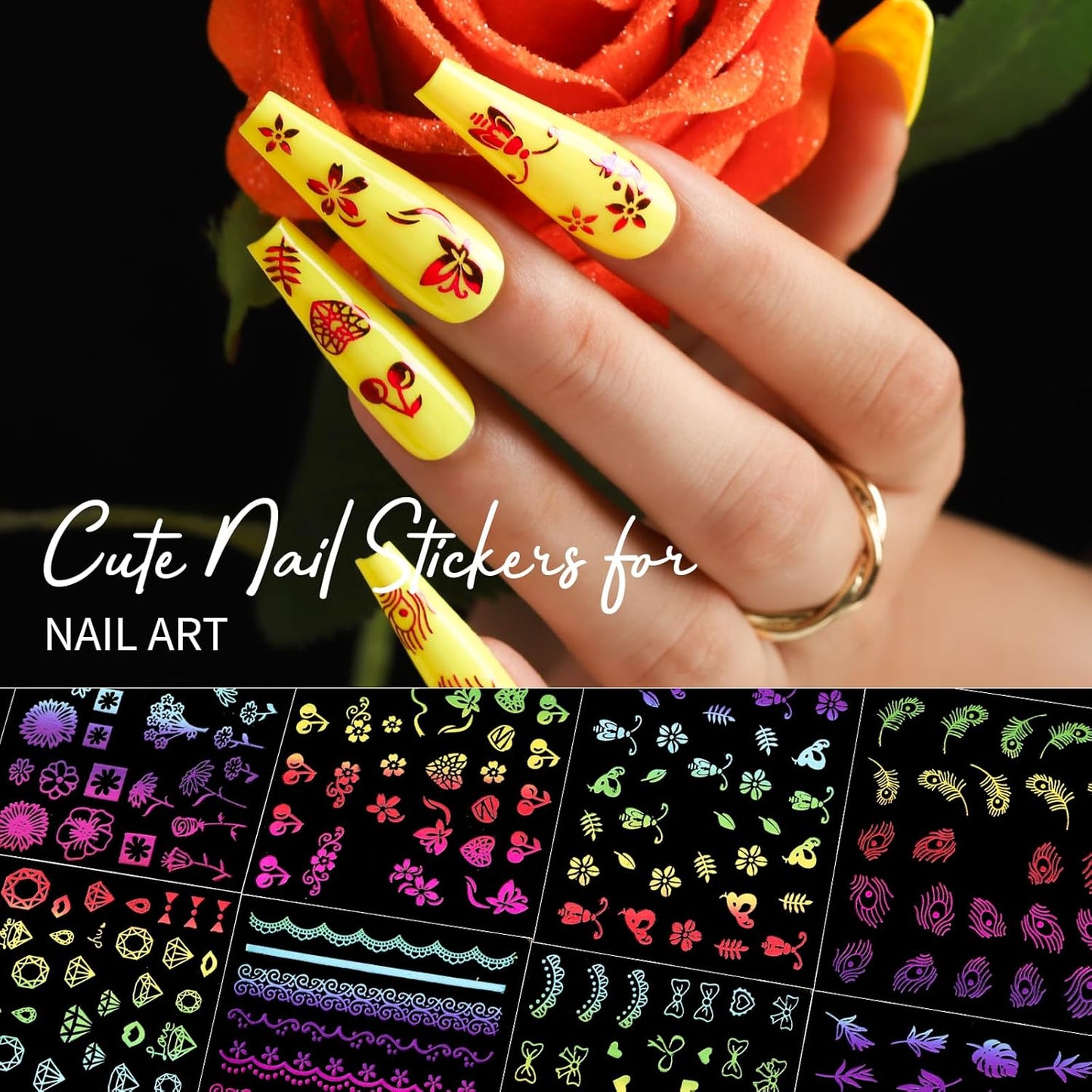 Teenitor 50 Sheets Nail Art Stickers, Rainbow Nail Stickers for Nail Art Nail Decals for Kids, Women, Fingernail in Halloween Christmas, Nail Supplies