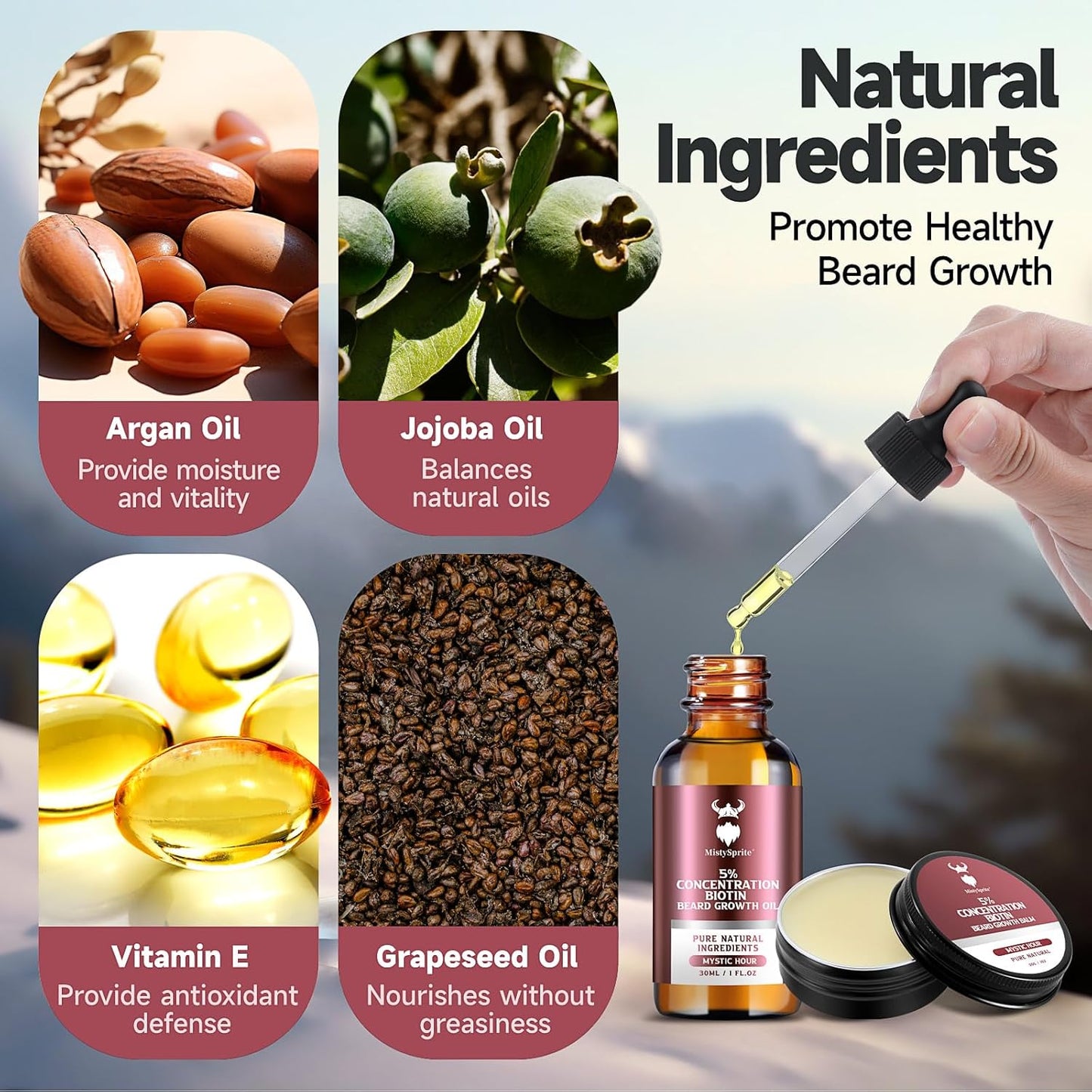 Beard Growth kit & Beard Balm - Beard Growth Kit with 5% Concentration Biotin for Men, Natural Ingredients with Argan Oil, Jojoba Oil and Vitamin (Mystic Hour)