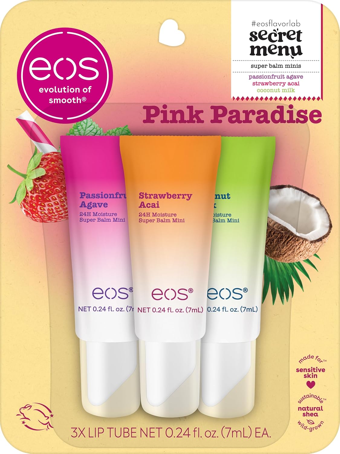 eos 24H Moisture Super Balms Minis- Pink Paradise, Limited-Edition, Nourishing, Dry Lips, Variety Pack Mini, Lip Balms, 0.169 fl oz, 3-Pack