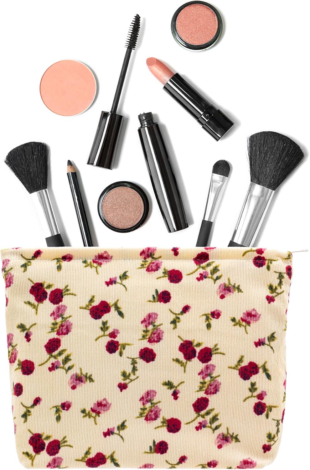 PAZIMIIK Makeup Bag Large Zipper Corduroy Make Up Pouch for Purse Travel Canvas Cosmetic Organizer for Women Brush Storage,Vintage Rose Beige