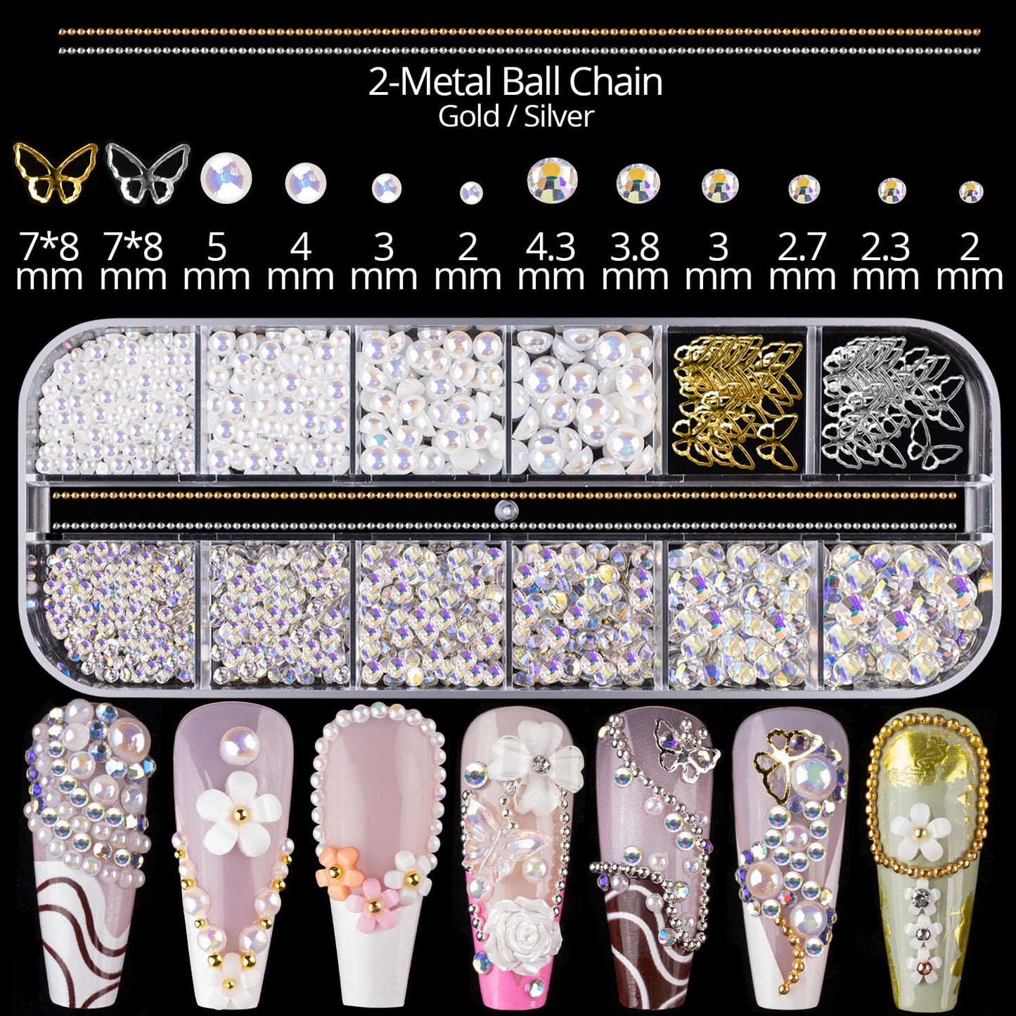 Mixed 3D Nail Art Gem Decoration Accessories Kit #10, Butterfly Starry AB Rhinestone Charm Jewelry for Deco, Pearl Flower Caviar Bead Stone Crystal with Pickup Pencil and Tweezer