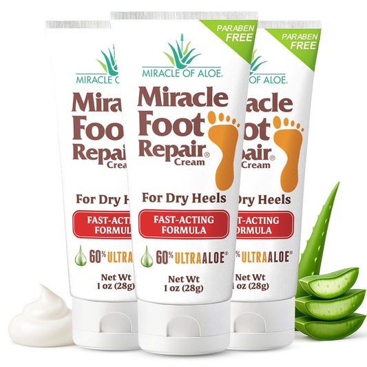 Miracle Foot Repair Cream, (1 oz / 3 Pack) Repairs Dry Cracked Heels and Feet, 60% Pure UltraAloe Moisturizes, Softens, and Repairs