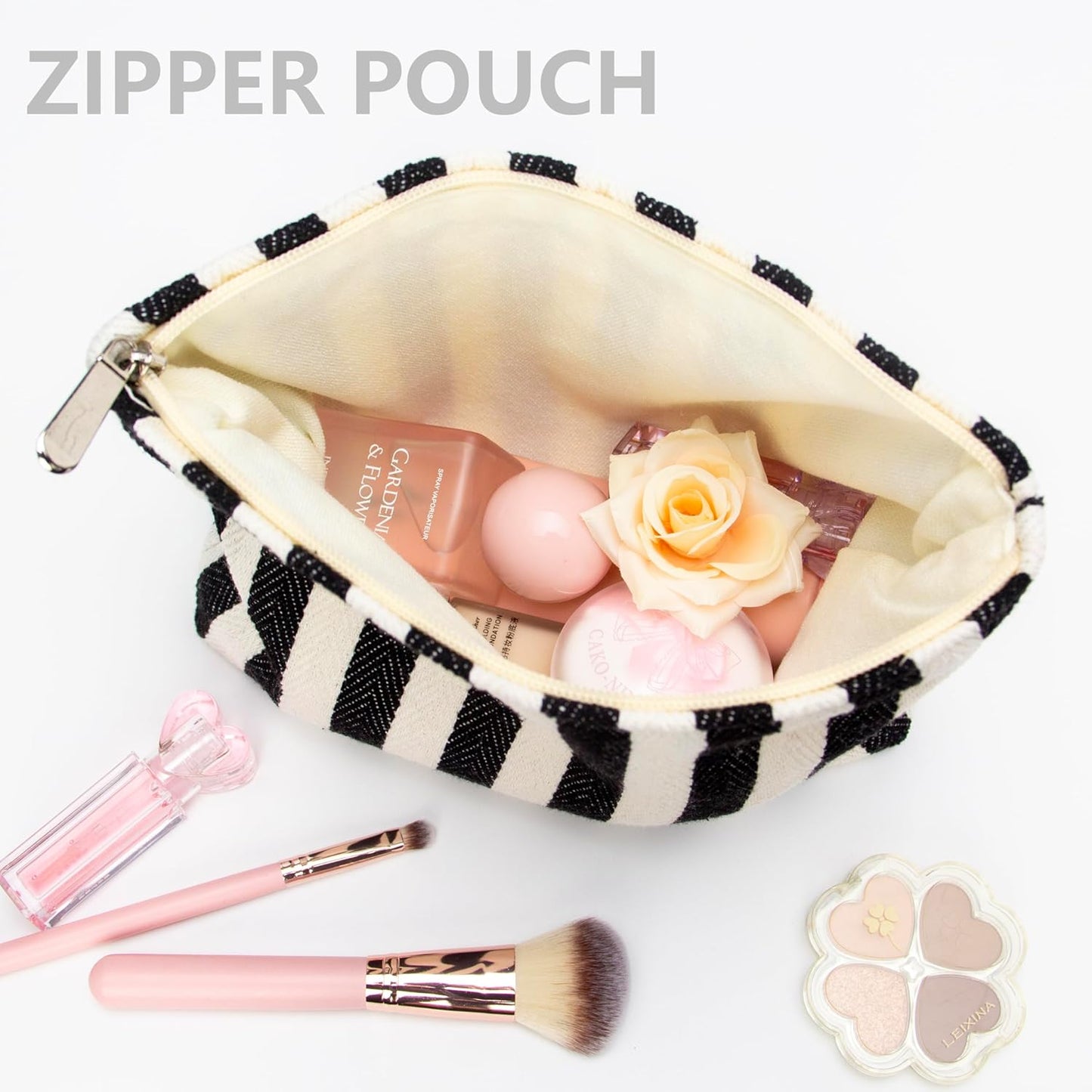 PAZIMIIK Makeup Bag Large Cotton Zipper Pouch for Purse Travel Canvas Make Up Organizer for Women Cosmetic,Stripe Black White