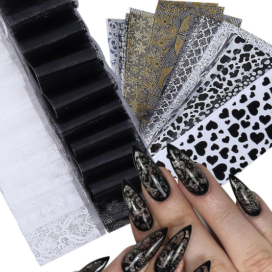 Lace Nail Transfer Foil Stickers 50PCS Black White Flower Lace Nail Foils Line Geometry Prints DIY Starry Paper Sheets Nails Art Decoration for Women Bride Wedding DIY Daily Designs Manicure Film