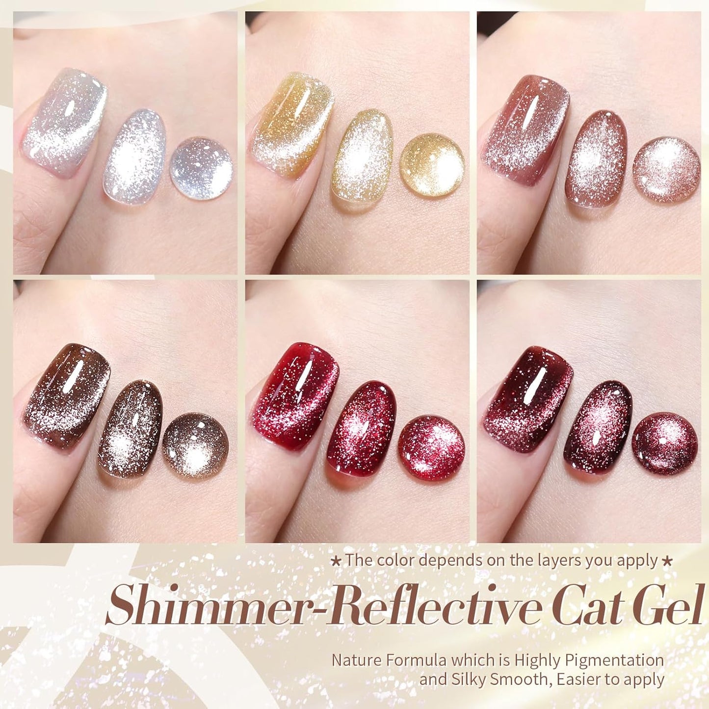 Born Pretty Cat Magnetic Eye Gel Nail Polish Reflective Glitter Gel Polish Red Silver Champagne Gold Glitter Gel Nail Polish 6PCS Set