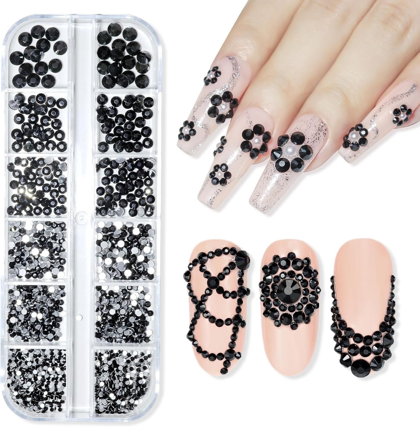 Makartt, 1110 Pcs Rhinestones Set, Black, Round, Multi-Size, Glass or Crystal, for DIY Crafts, Nail Art Supplies Accessories, Christmas Gift