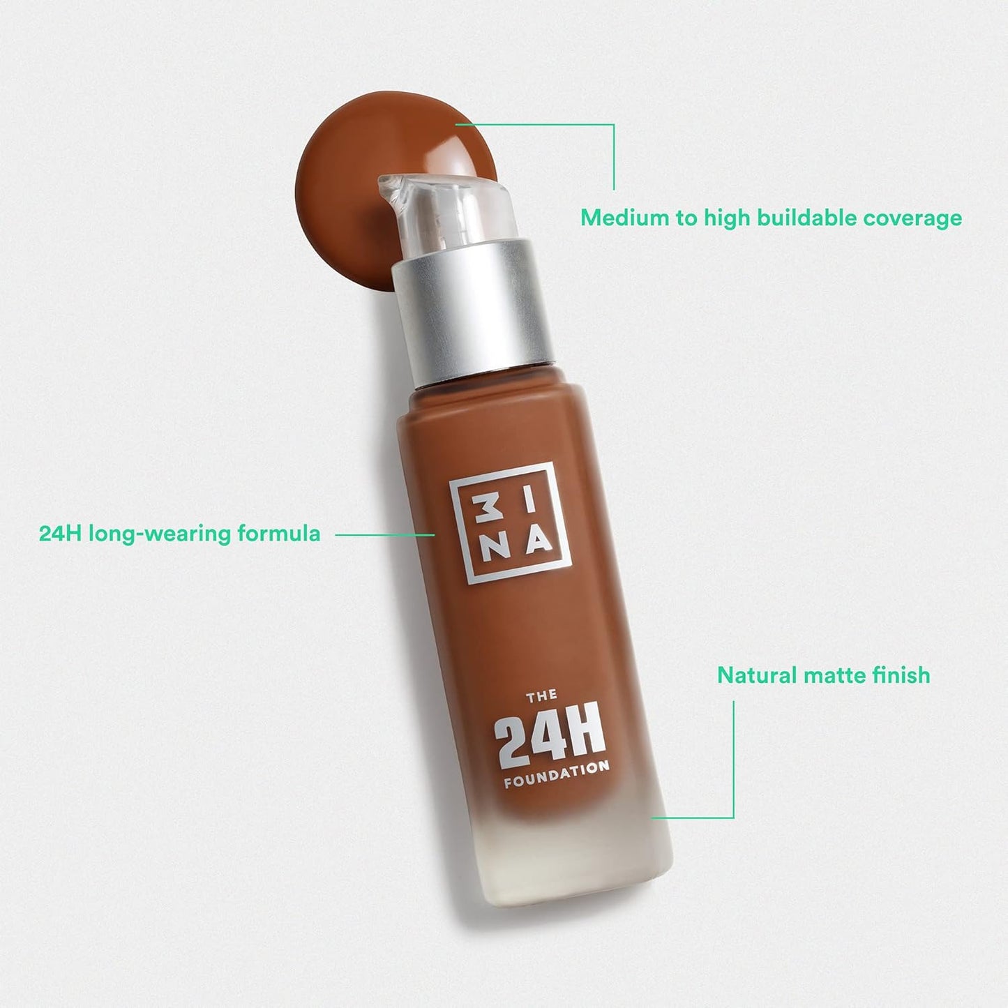 3INA The 24H Foundation 612-24H Long-Wearing Formula - Medium To High Buildable Coverage - Smooth Matte Finish - Expanded Shade Selection - Waterproof, Cruelty Free, Vegan Makeup - 1.01 Oz