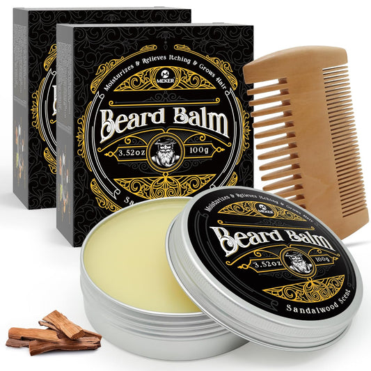 MEKER Beard Balm, Beard Softening Leave-in Balm with Brush, All-Natural Anti-Itch, Organic Beard Conditioner for Softening, Stops Itch, Grows, 7.04 OZ