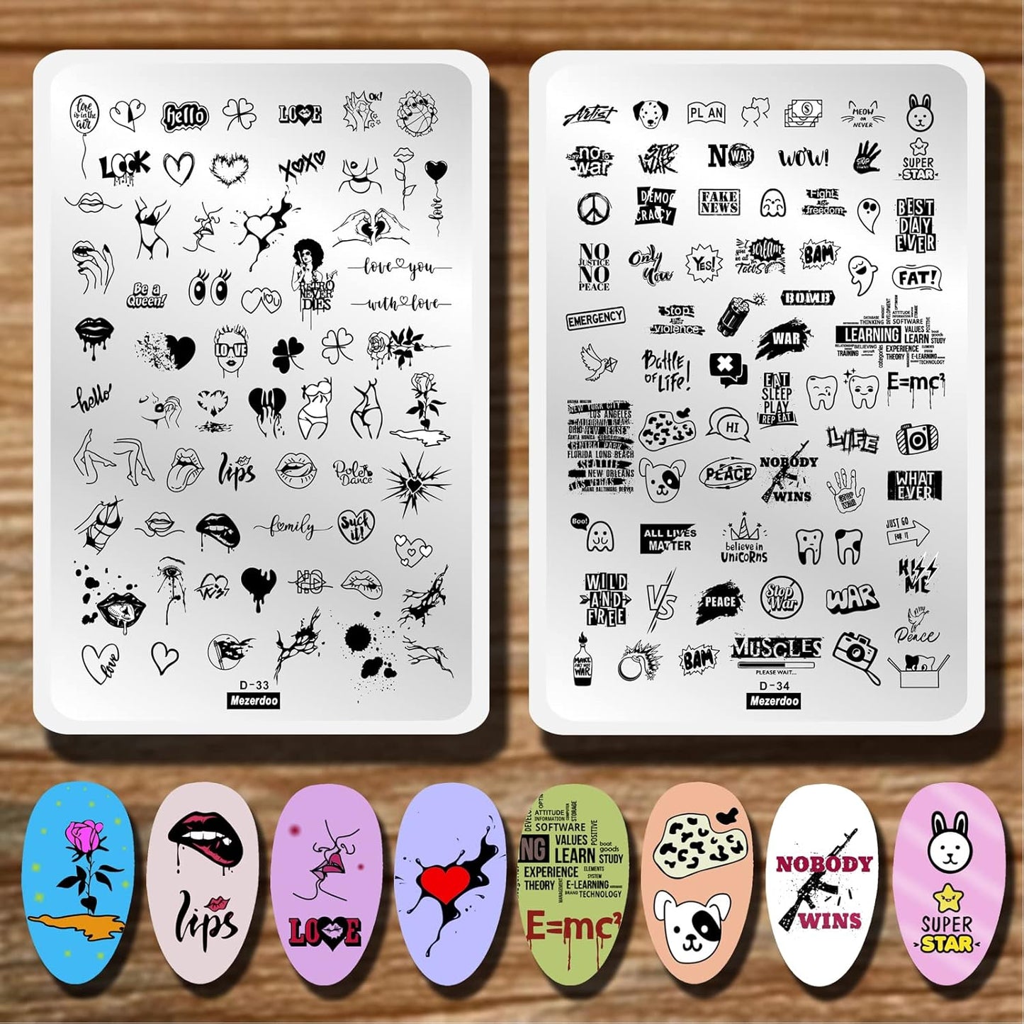 Lips Heart Nail Stamping Plate Kits 2pcs Love Flower Word Design Large Nail Stamp Plate Templates Animal Letter Line Image Stamper Stencils Dog Cat Ghost Halloween Art Stamping Plates Tools