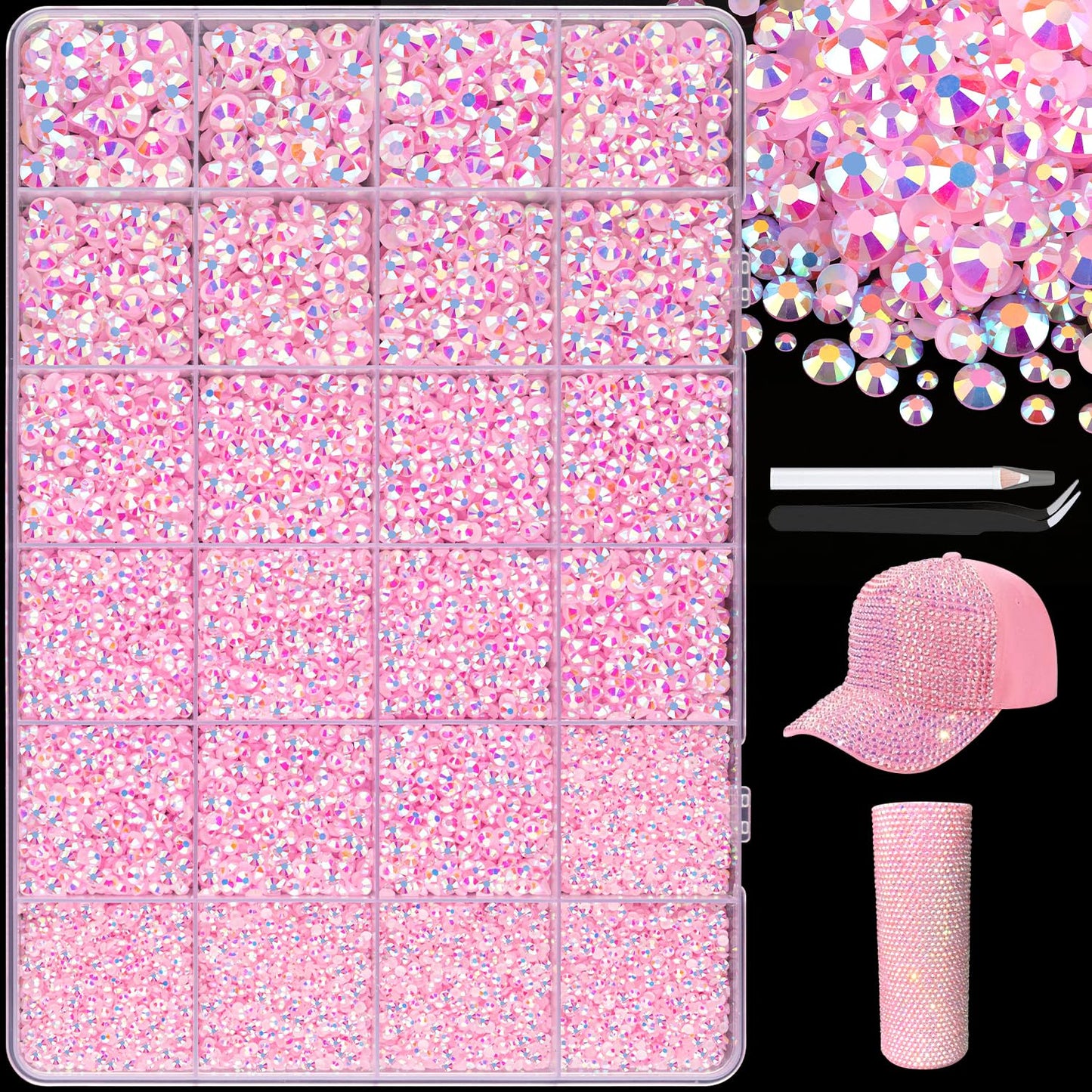 25000Pcs Resin Rhinestones with Tweezers for Crafting, 2-6mm Mixed Sizes (Light Pink AB) Non Hotfix Flatback Gems, Bedazzling Crystal for DIY Crafts Clothing Tumblers Mugs Shoes Decor Nail Art