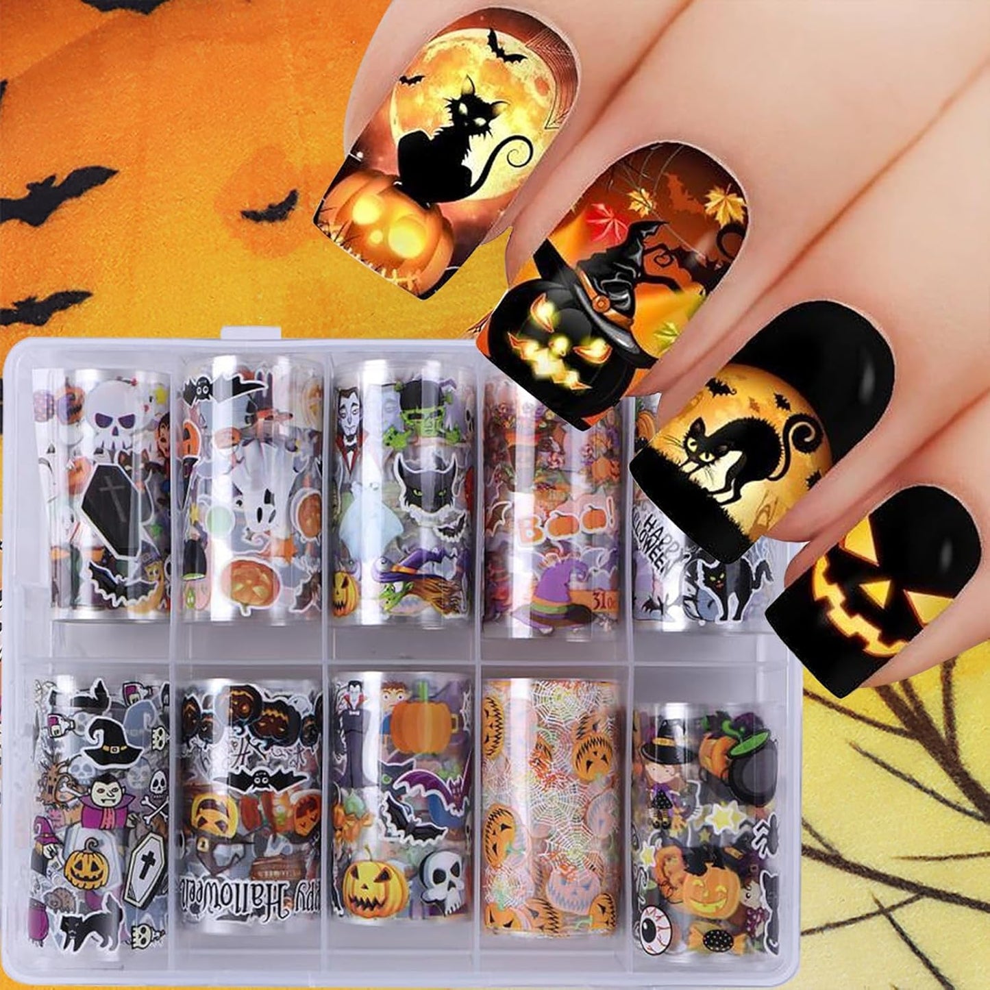Halloween Nail Foils Transfer Nail Art Pumpkins Foils Nail Art Supplies 10PCS Halloween Ghost Black Cat Bat Spooky Nail Foil Transfer Stickers Starry Sky Paper Manicure Accessories for Women Girls