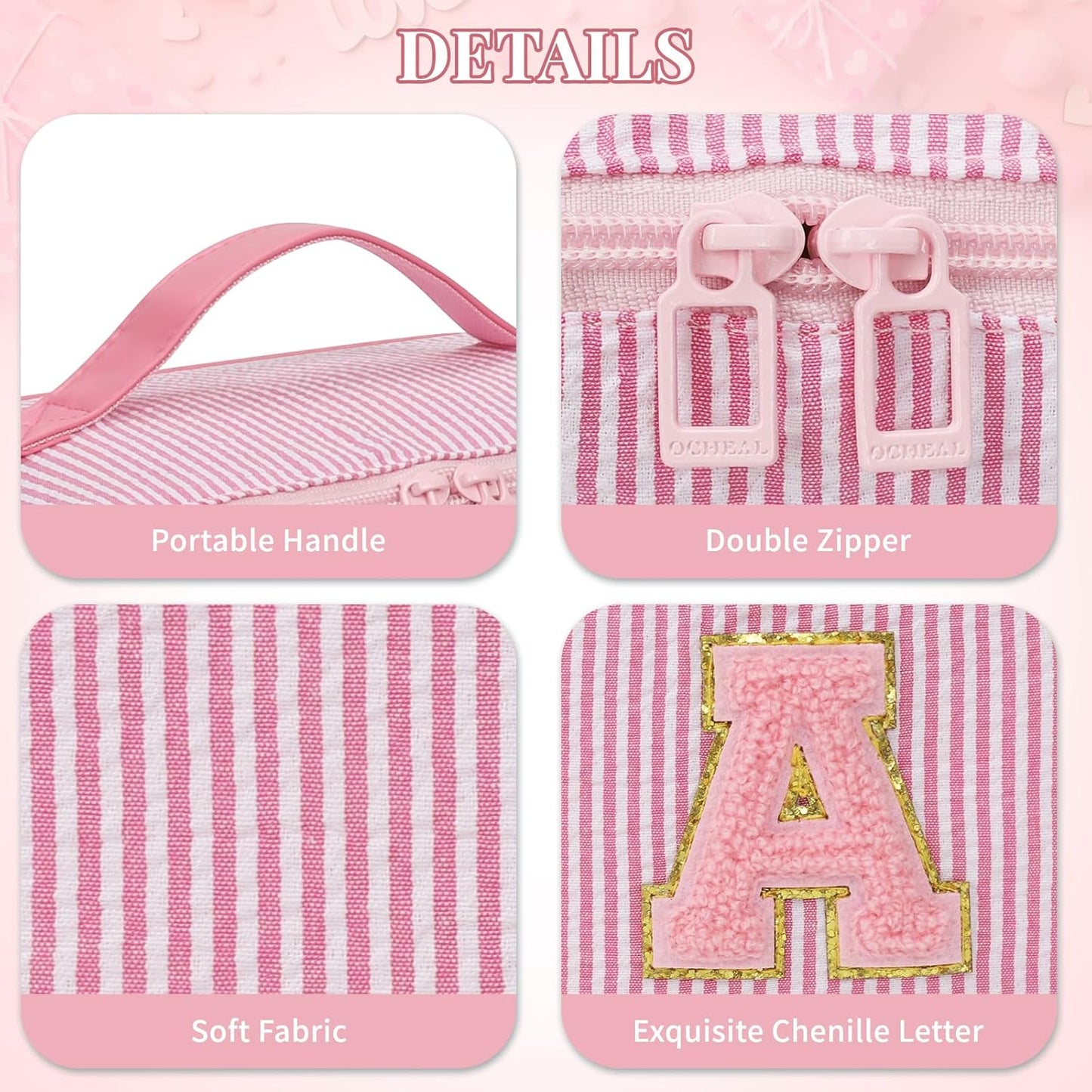 Travel Makeup Bag for Women, 2Pcs Portable Personalized Initial Makeup Organizer Bag, Open Flat Large Cosmetic Bag With Travel Essential Pouch (Pink Letter C)