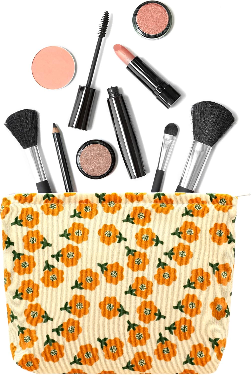 PAZIMIIK Makeup Bag Large Zipper Corduroy Make Up Pouch for Purse Travel Canvas Cosmetic Organizer for Women Brush Storage,Flower Yellow