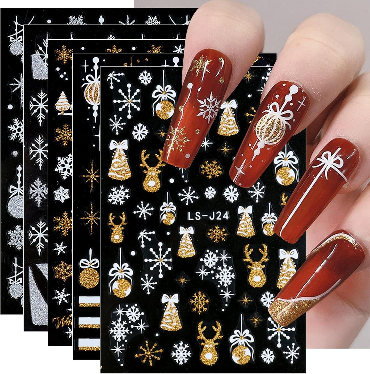 8 Sheets Christmas Glitter Nail Art Stickers Decals Self-Adhesive Pegatinas Uñas Holiday Gold Silver Reindeer Line Snowflake Nail Supplies Nail Art Design Decoration Accessories