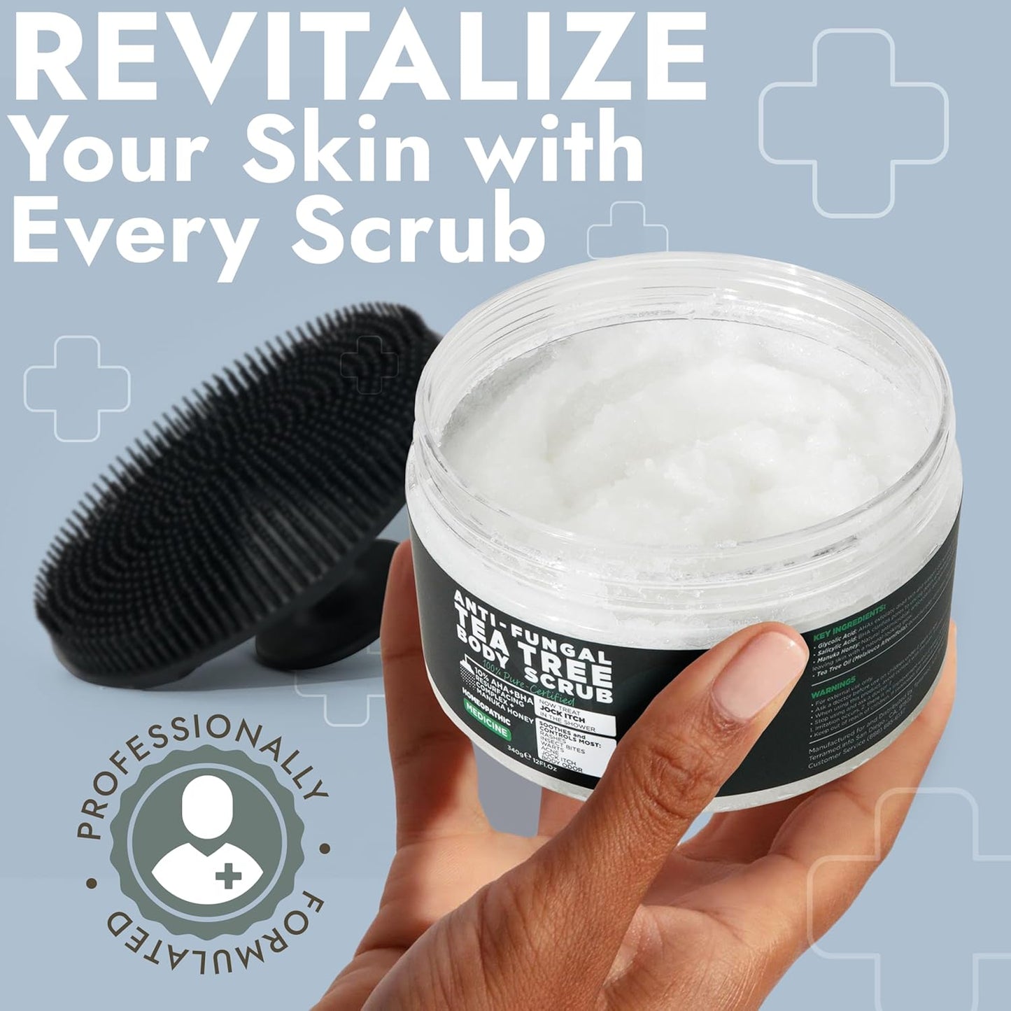 Terramed Just Think Comfort Antifungal Body Scrub with Tea Tree Oil – Exfoliating Body Wash for Women & Men – Soothes Itchy Skin, Rashes, Acne, Warts & Insects Bites – 12 Fl oz with Scrubber Brush