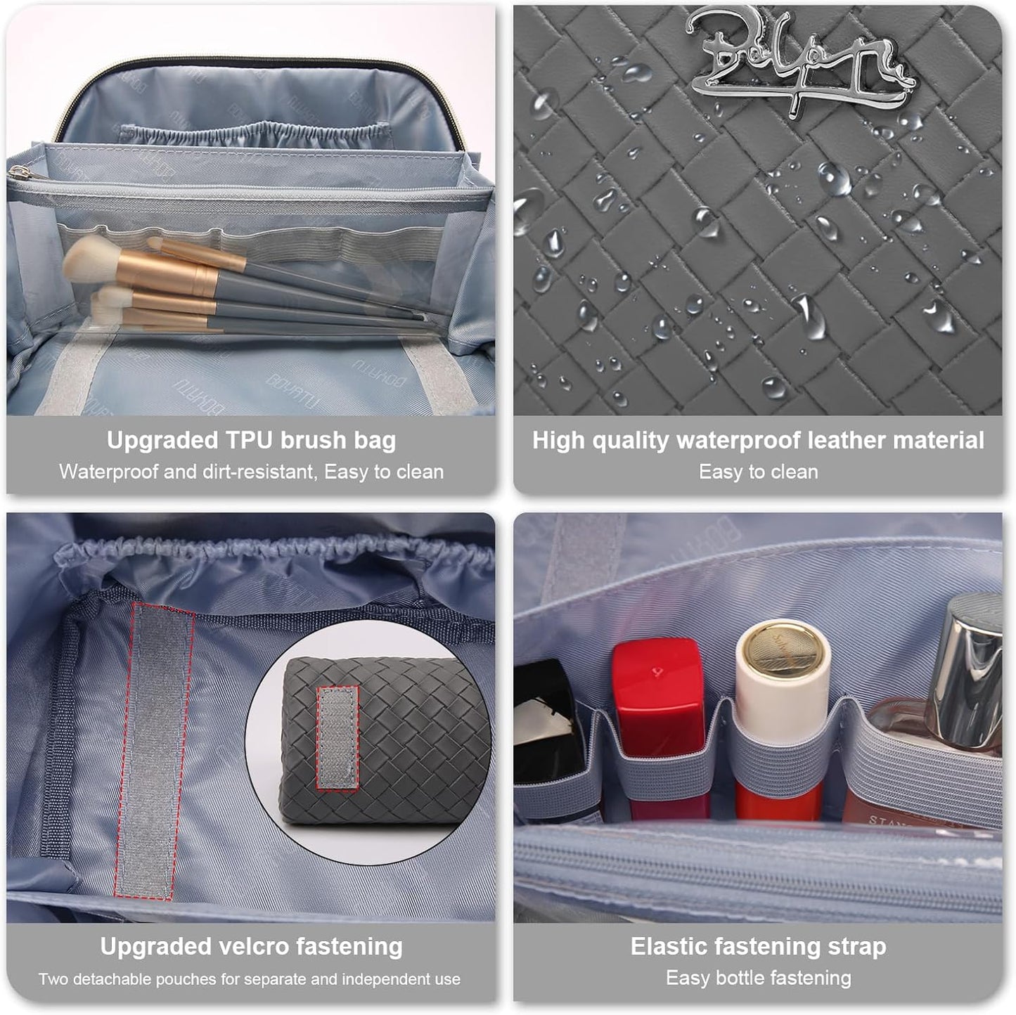 BOYATU Travel Makeup Bags for Women: 3 Piece Make up Bags Set - Large Cosmetic Bag - Vegan Leather Makeup Organizer - Portable Toiltery Bag with Divider & Handle (L05 Grey)