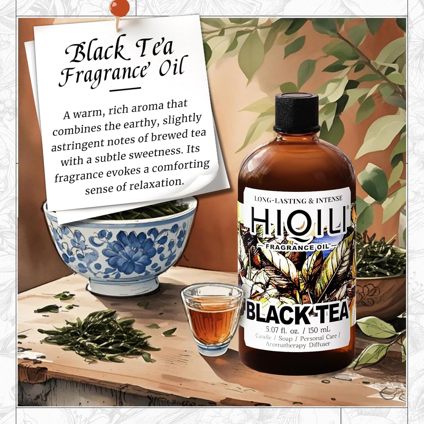 HIQILI Black Tea Fragrance Oil for Diffuser & Car Air Freshener, Long-Lasting Hotel Scent, Candle & Soap Making Supplies - 5.07 Fl Oz