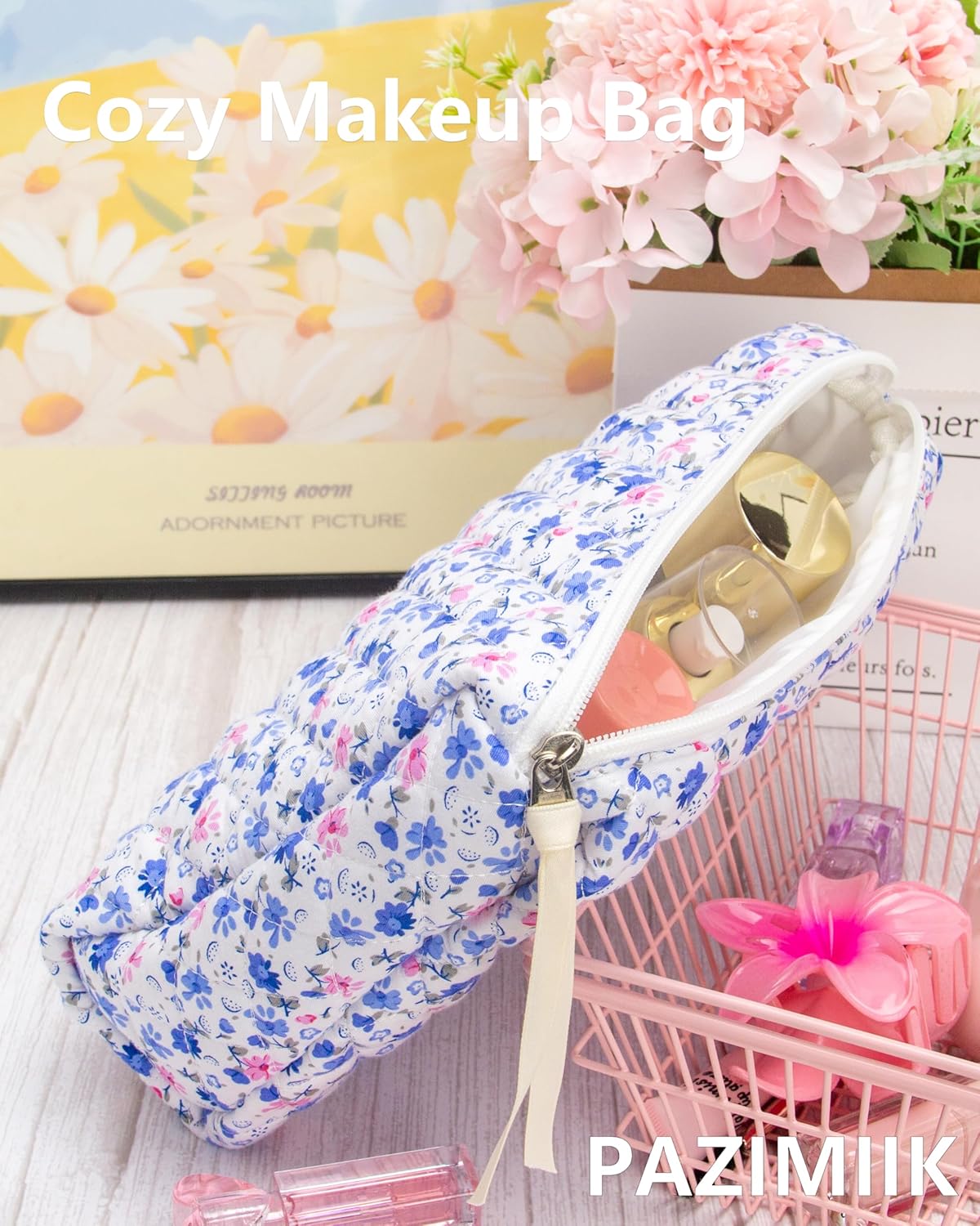 PAZIMIIK Quilted Makeup Bag Large Travel Zipper Soft Cosmetic Pouch for Women Girls Make Up,Floral Blue
