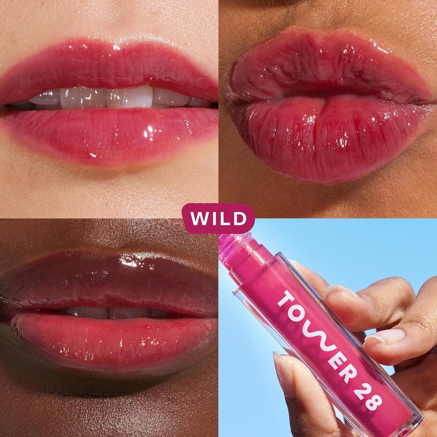 Tower 28 ShineOn Lip Jelly, WILD, Non-Sticky, Hydrating Vegan Lip Gloss in Sheer-ish Raspberry, Moisturizing Apricot and Raspberry Seed Oil, Clean, Cruelty Free