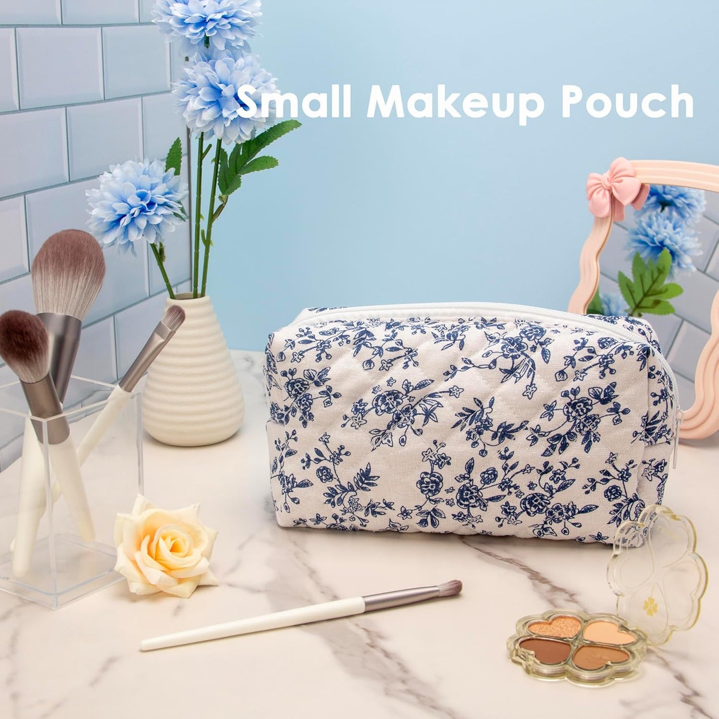 PAZIMIIK 6PCS Vintage Quilted Makeup Bag SET Cosmetic Pouch for Brushes Pencils and Travel Make Up Accessories for Women and Girls Jouy Blue