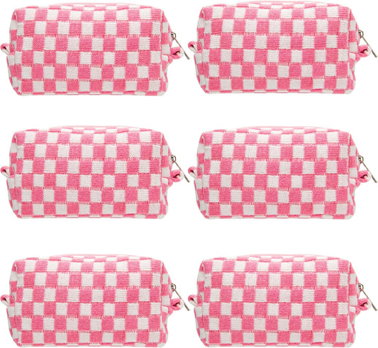 PAZIMIIK Checkered Makeup Bag for Purse Portable Zipper Make Up Pouch Small Cosmetic Case for Travel Accessories (6PCS Pink White)