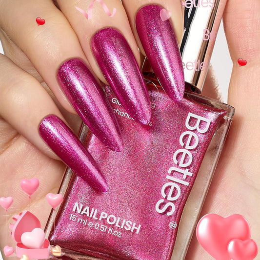 Beetles Hot Pink Nail Polish 15ml, Valentines Day Gifts for Women Fast Drying & Long Lasting Glitter Nail Polish Pink Nail Lacquer Glossy for DIY Nail Salon-Quality Results