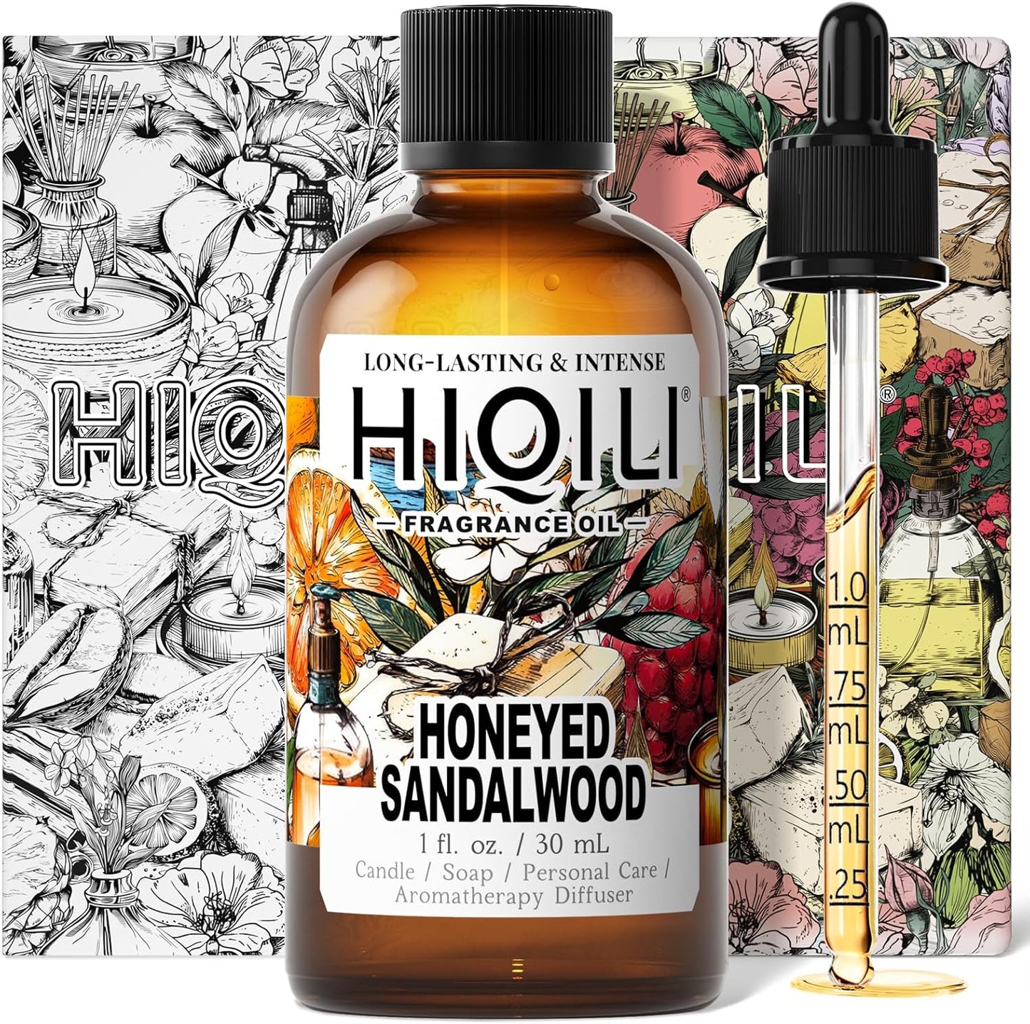 HIQILI Honeyed Sandalwood Fragrance Oil for Diffuser, Candle & Soap Making, Add to Dryer Balls, Lotion, Hotel Luxury Scents - 1 Fl Oz