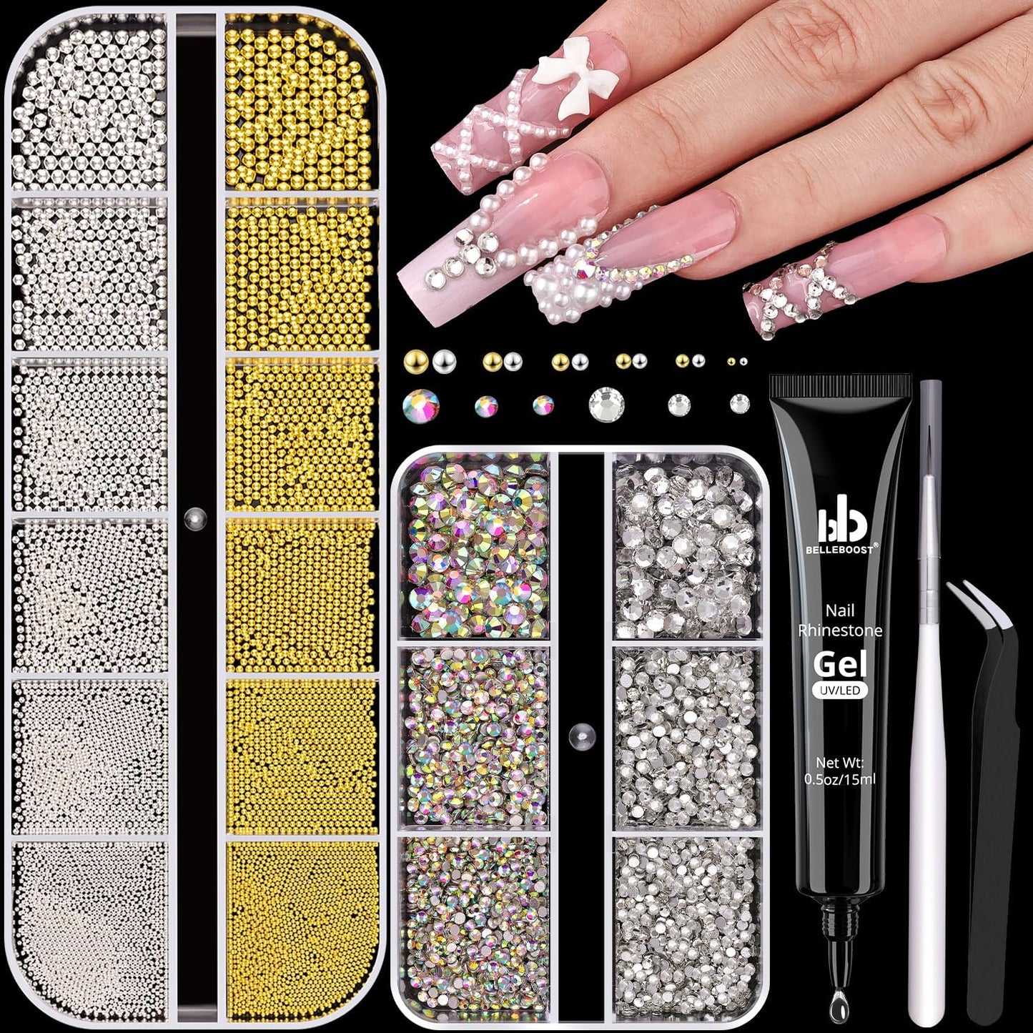 Flatback Rhinestones (Clear+AB) and Metal Steel Round Caviar Beads (Silver+Gold) with Rhinestones Glue Gel for Nail Art, Crystals Nail Charms and Caviar Beads Nail Accessories for Manicure Decor