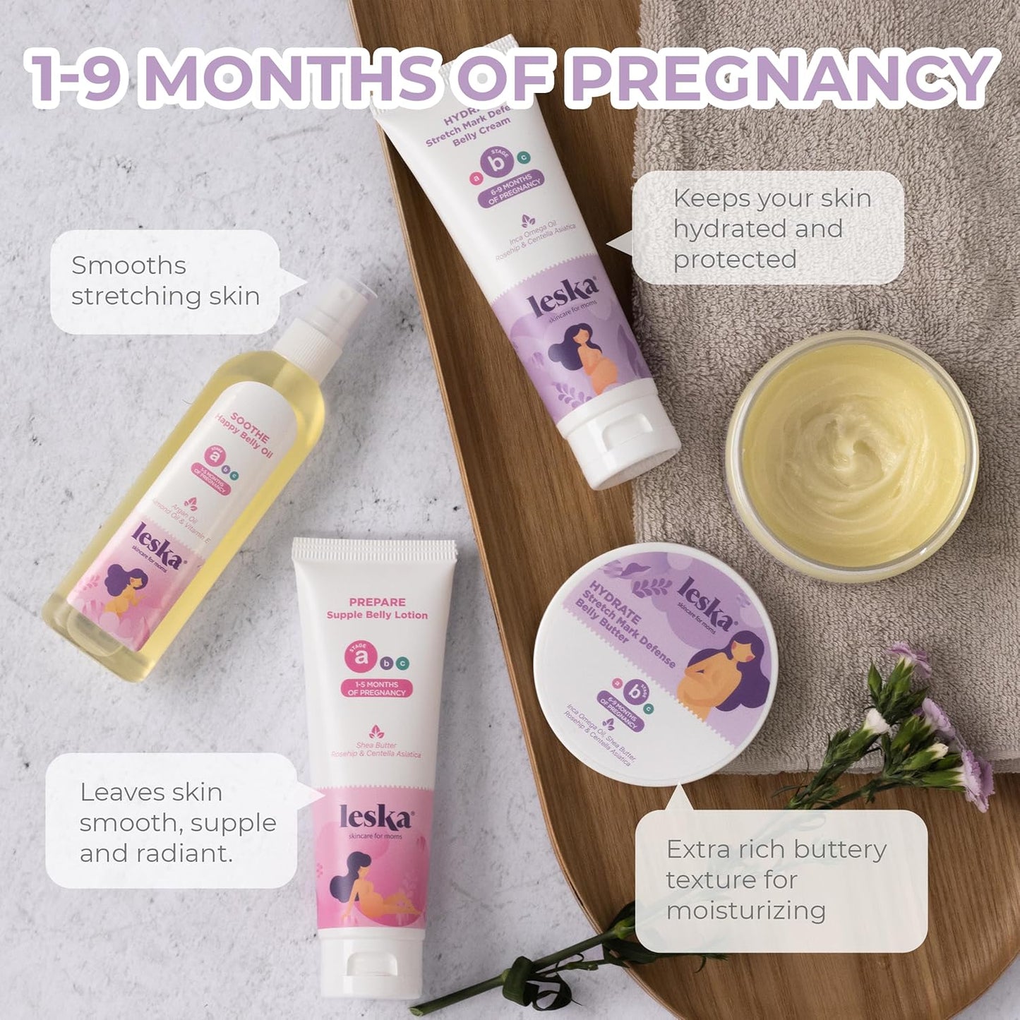 Leska Pregnancy Stages A & B Set | Belly Lotion, Belly Oil, Stretch Mark Defense Cream & Belly Butter | Pregnant Mom Months 1-9 | Part of Complete 3-Part Pregnancy Skincare System (Set of 4, 4-4.93oz)
