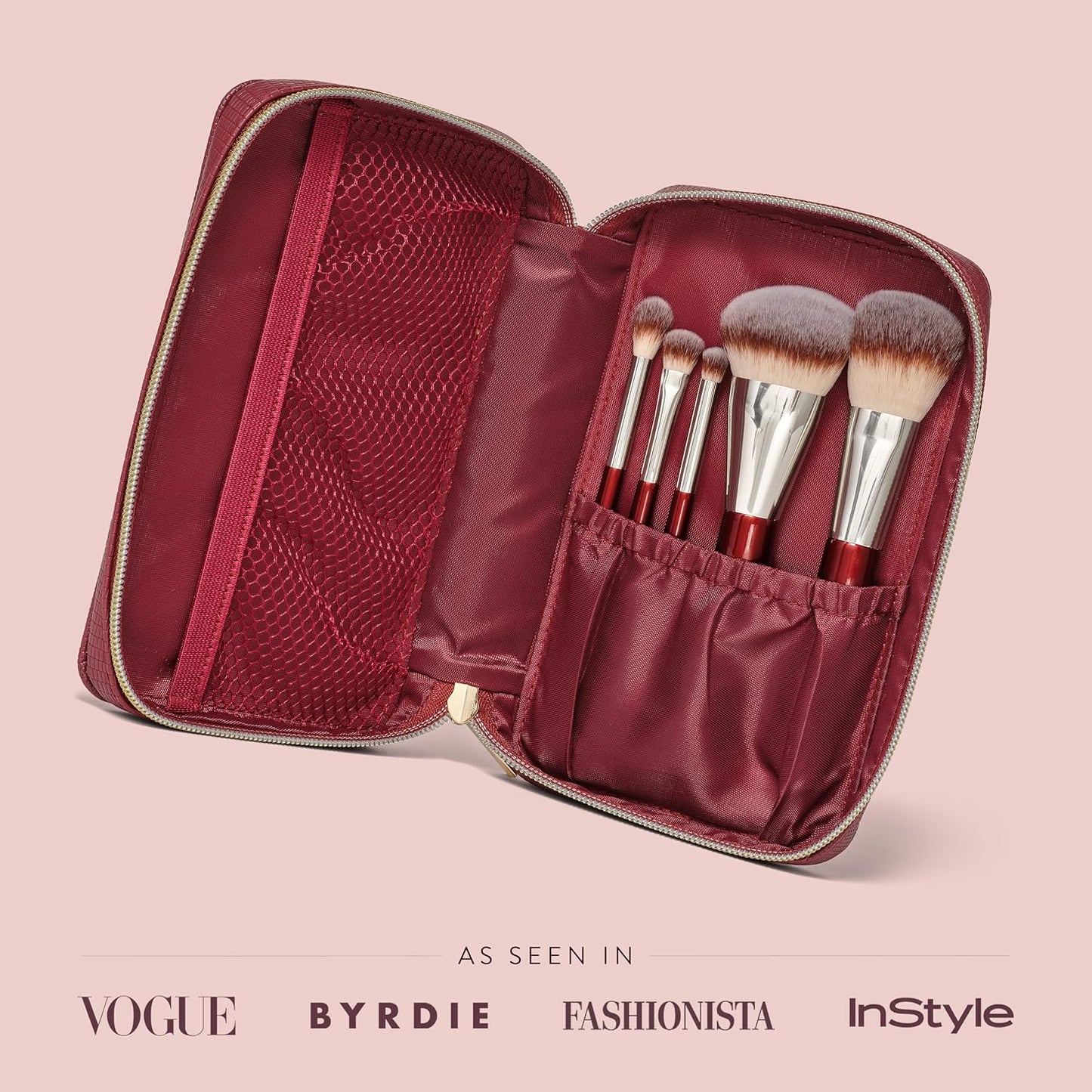 BK BEAUTY Travel Brush Set with Pouch 5-Piece Vegan, Cruelty-Free Brushes for Face & Eyes | Lightweight, Durable Makeup Brushes in Vegan Leather Pouch Perfect Travel-Size Makeup Brush Set